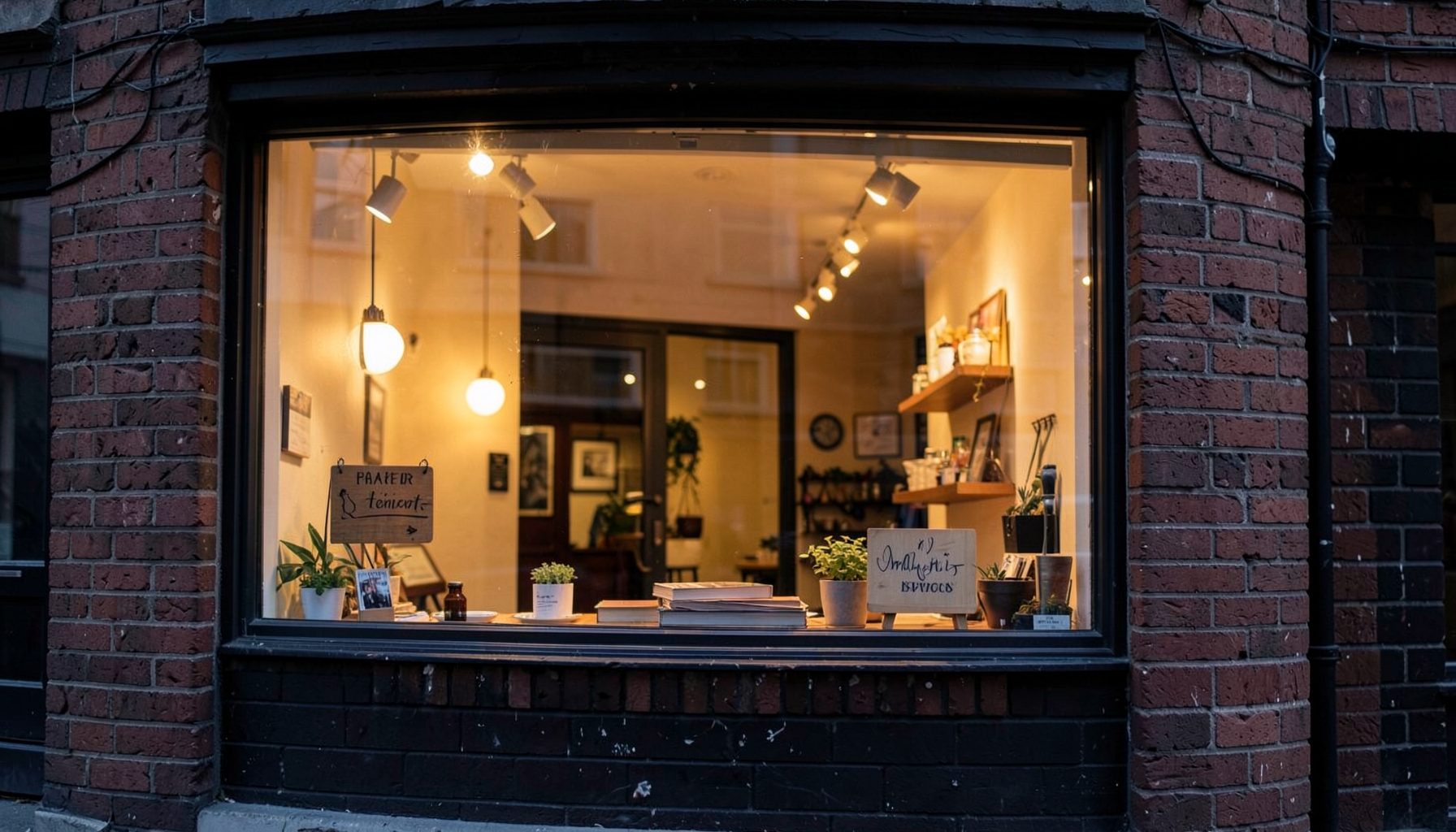 Storefront window with warm interior glow, brick facade, and a small welcoming sign in evening light